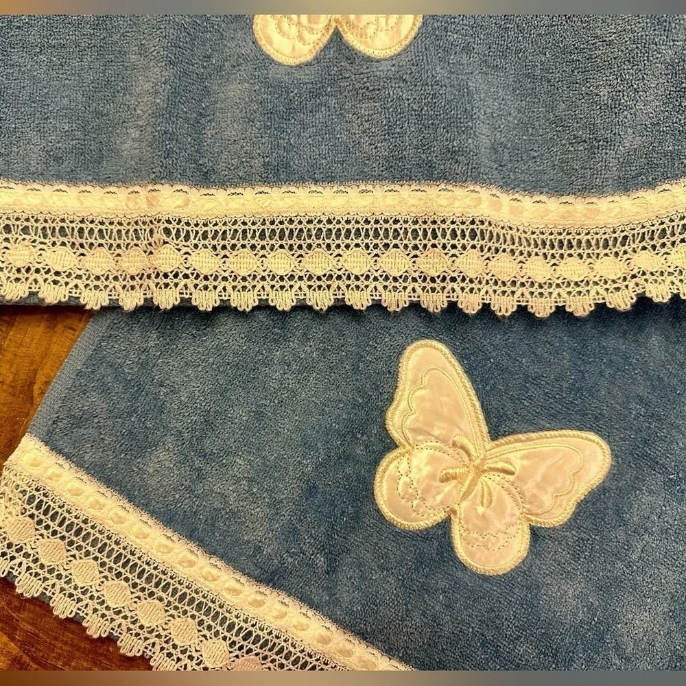 Vintage Saturday Knight Ltd. 2 Blue Hand Towels with Embroidered Satin Butterfly